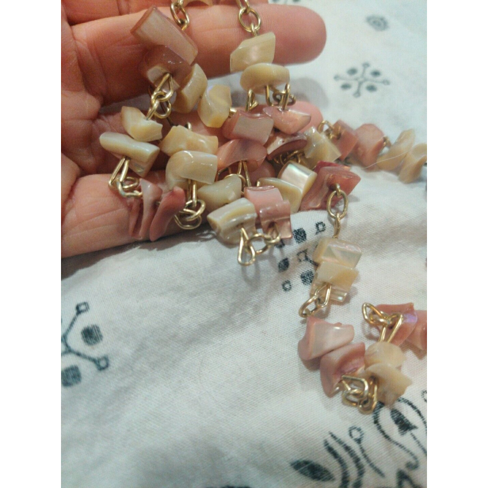 Vtg. Pink & Ivory Mother Pearl Abalone Puka Shell With Gold Colored Connectors